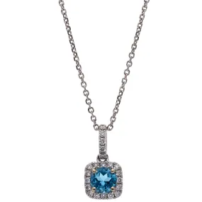 14K White Gold Round Blue Topaz and Diamond Pendant Necklace