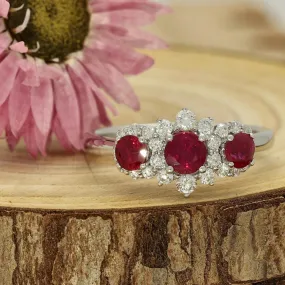 18ct White Gold Ruby & Diamond Trilogy Cluster Ring