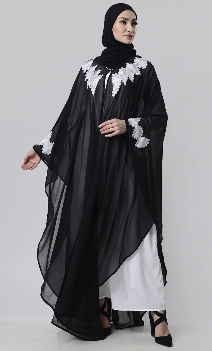 2 Layer Black  Embroidered Upper Kaftan Abaya