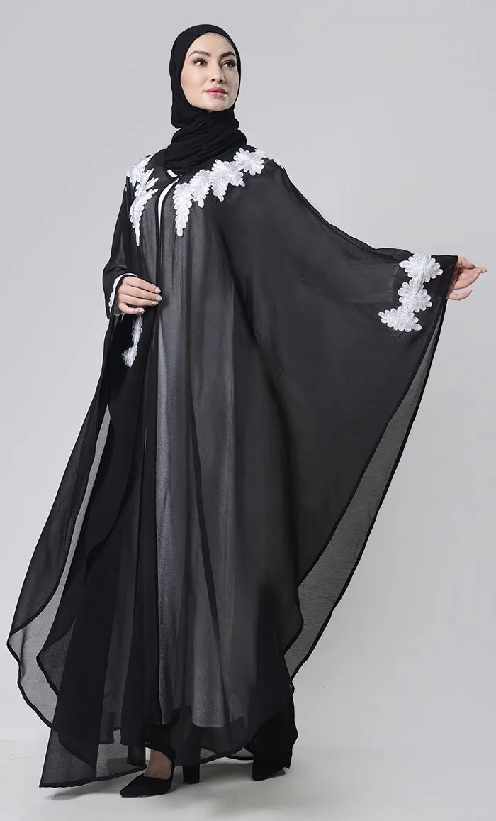 2 Layer Black  Embroidered Upper Kaftan Abaya