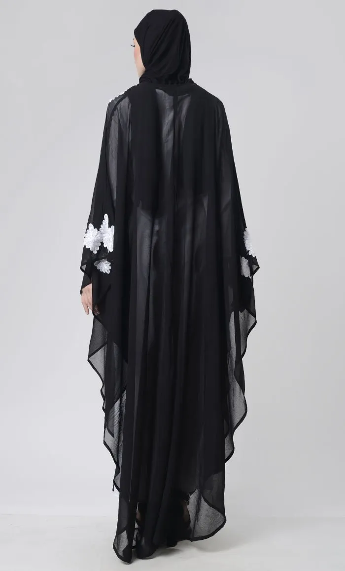 2 Layer Black  Embroidered Upper Kaftan Abaya