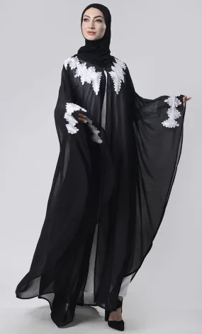 2 Layer Black  Embroidered Upper Kaftan Abaya