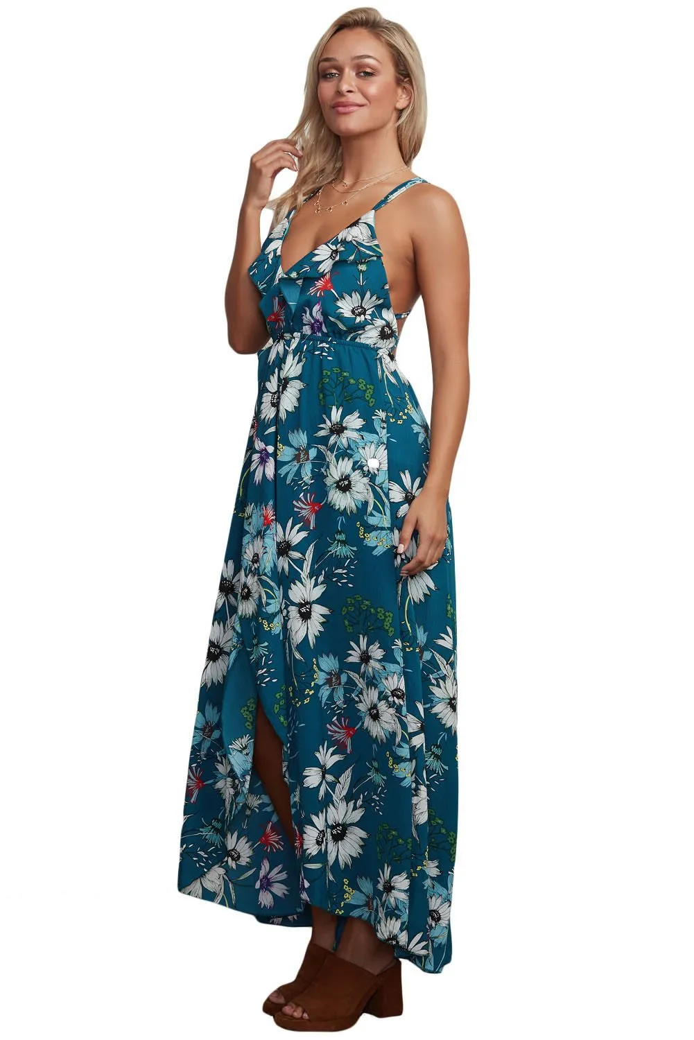 2024Slate Blue Floral Chiffon Spaghetti Straps Maxi Dress