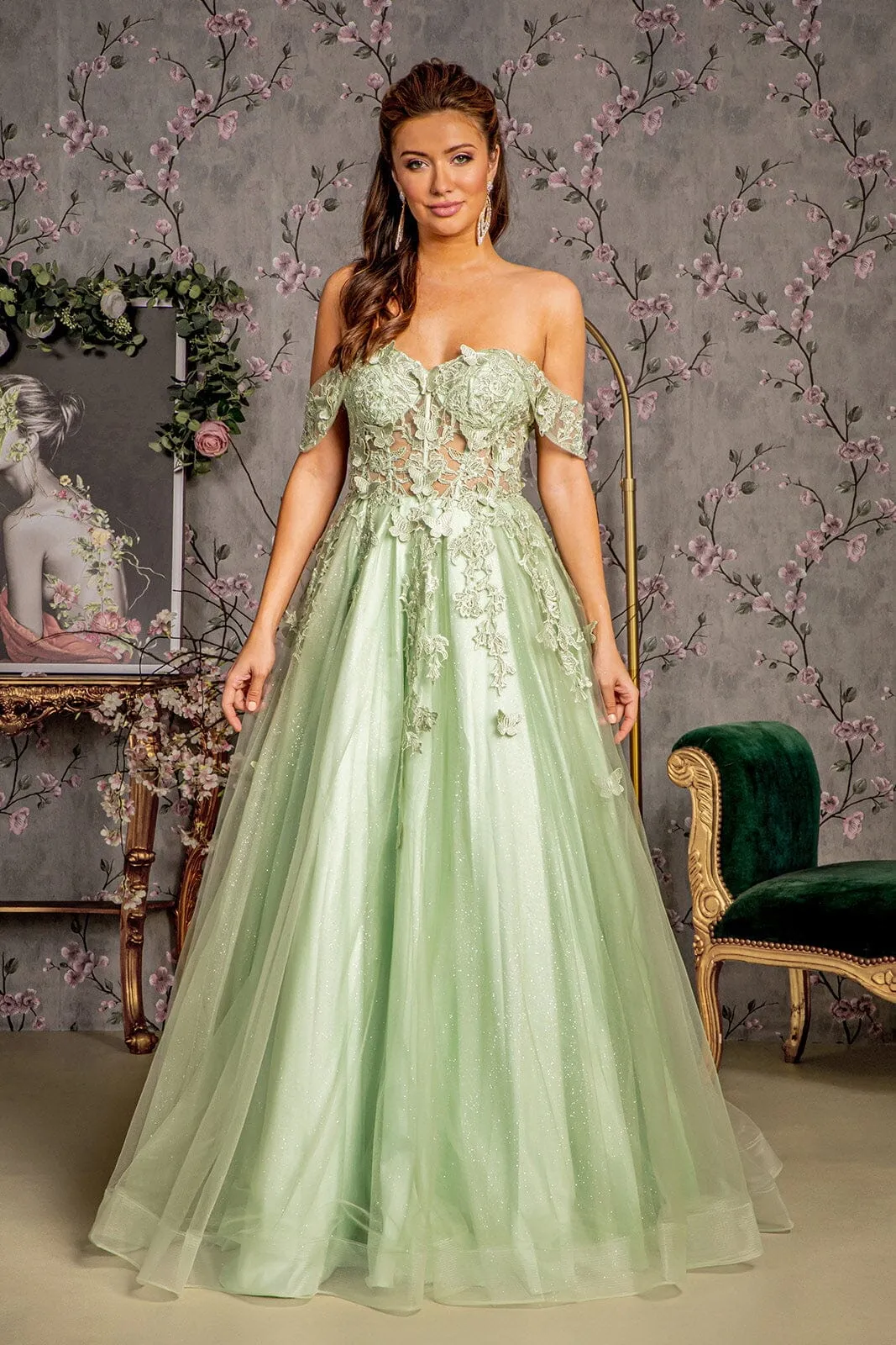 3D Butterfly Off Shoulder Corset Gown by GLS Gloria GL3296