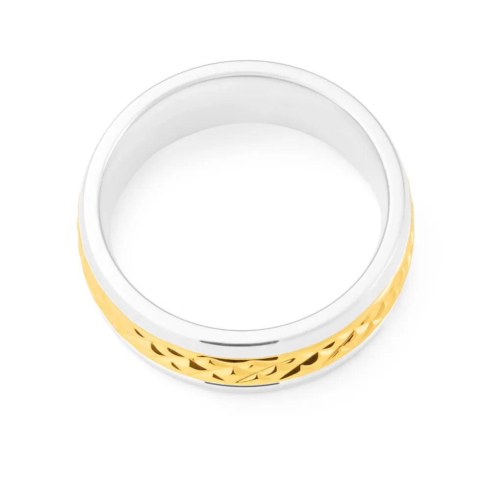 8mm Stainless Steel and Gold Plated Patterned Gents Ring