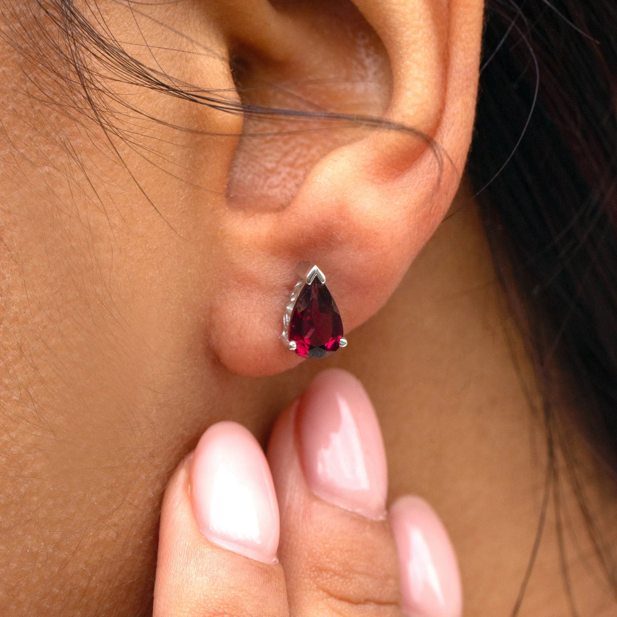 9ct White Gold Garnet Pear Stud Earrings, 0.42ct.