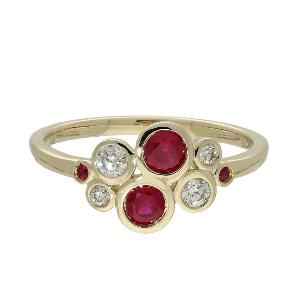 9ct Yellow Gold Ruby and Diamond Bubble Ring