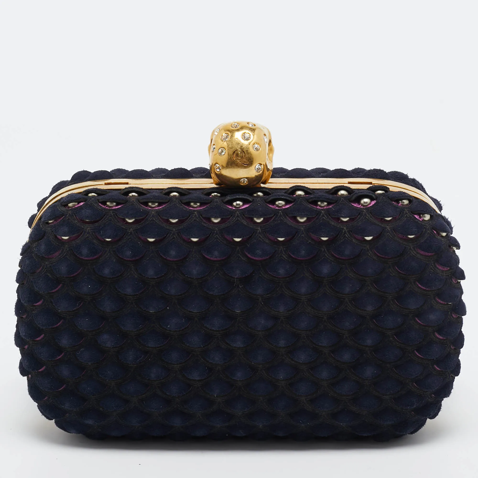 ALEXANDER MCQUEEN Navy Blue Textured Suede Studded Skull Clutch