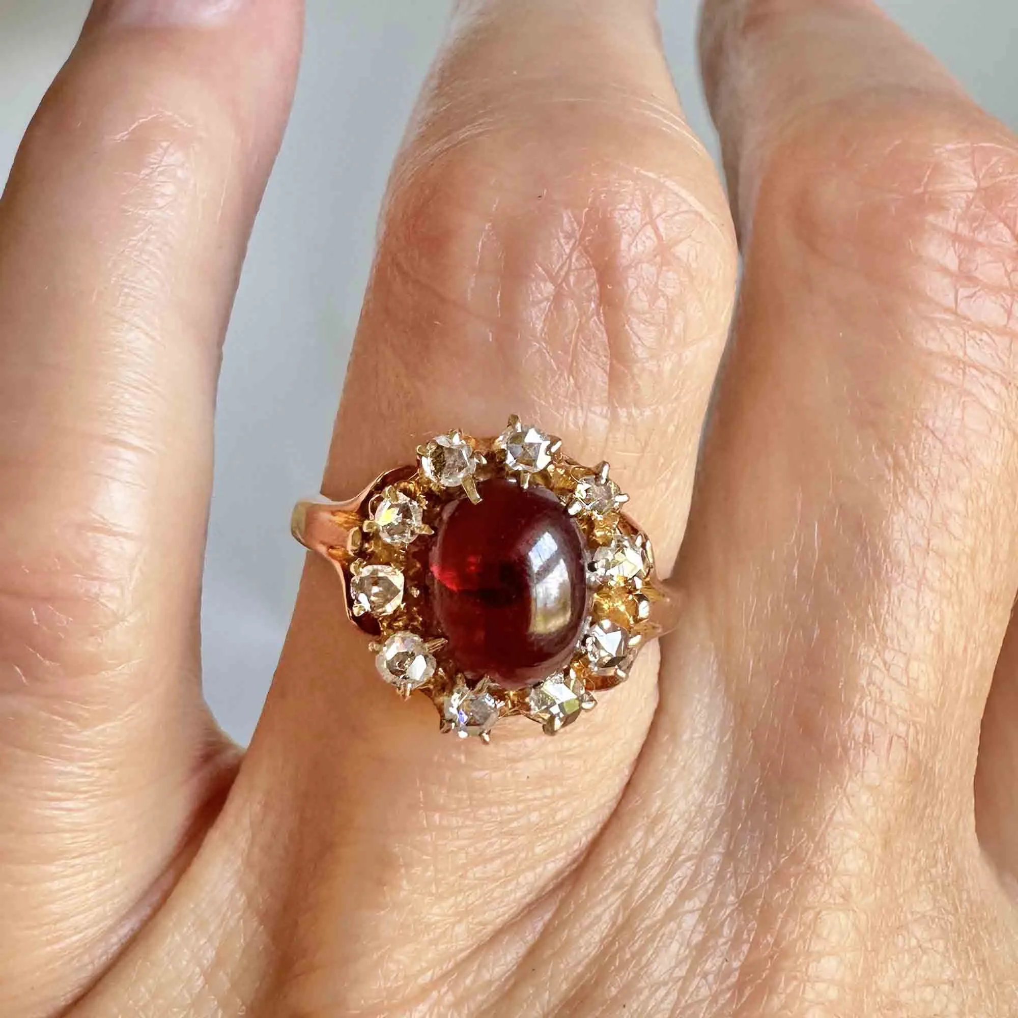 Antique Rose Cut Diamond Halo Garnet Cabochon Ring