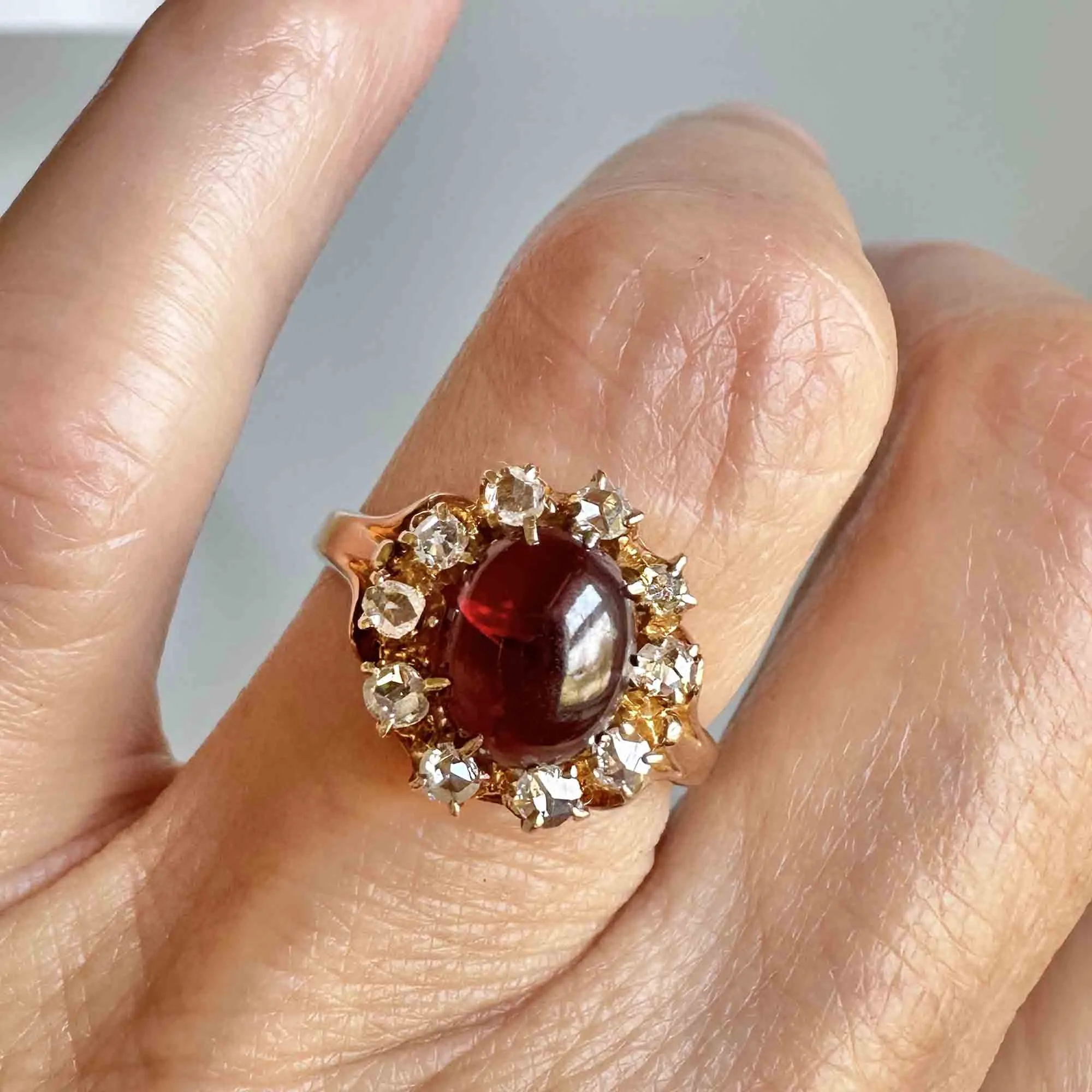 Antique Rose Cut Diamond Halo Garnet Cabochon Ring