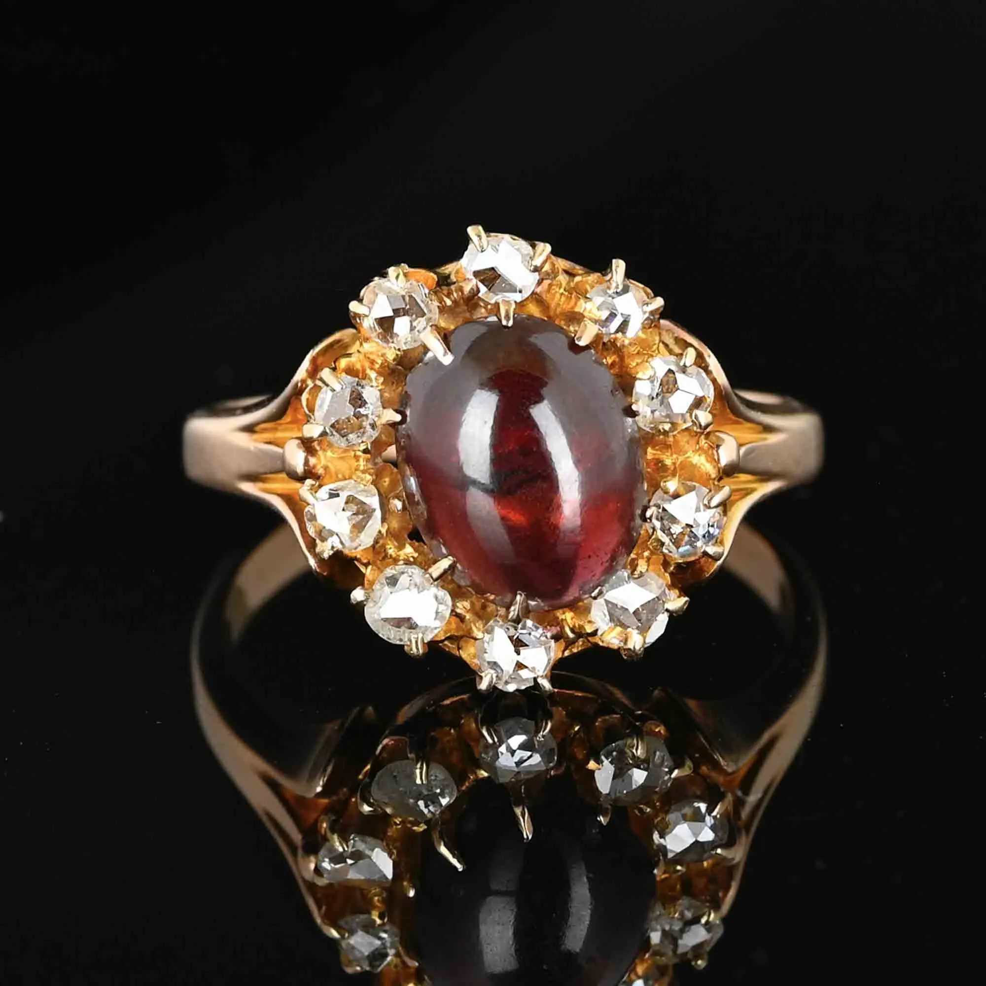 Antique Rose Cut Diamond Halo Garnet Cabochon Ring