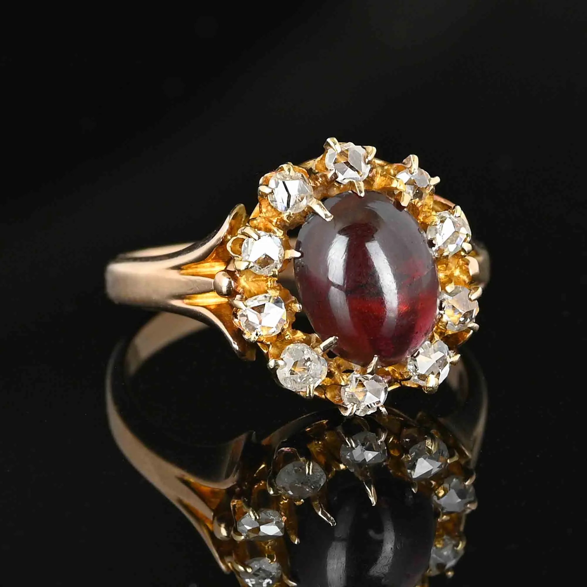 Antique Rose Cut Diamond Halo Garnet Cabochon Ring