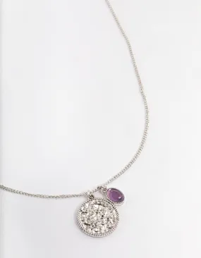 Antique Silver Amethyst Textured Coin Necklace