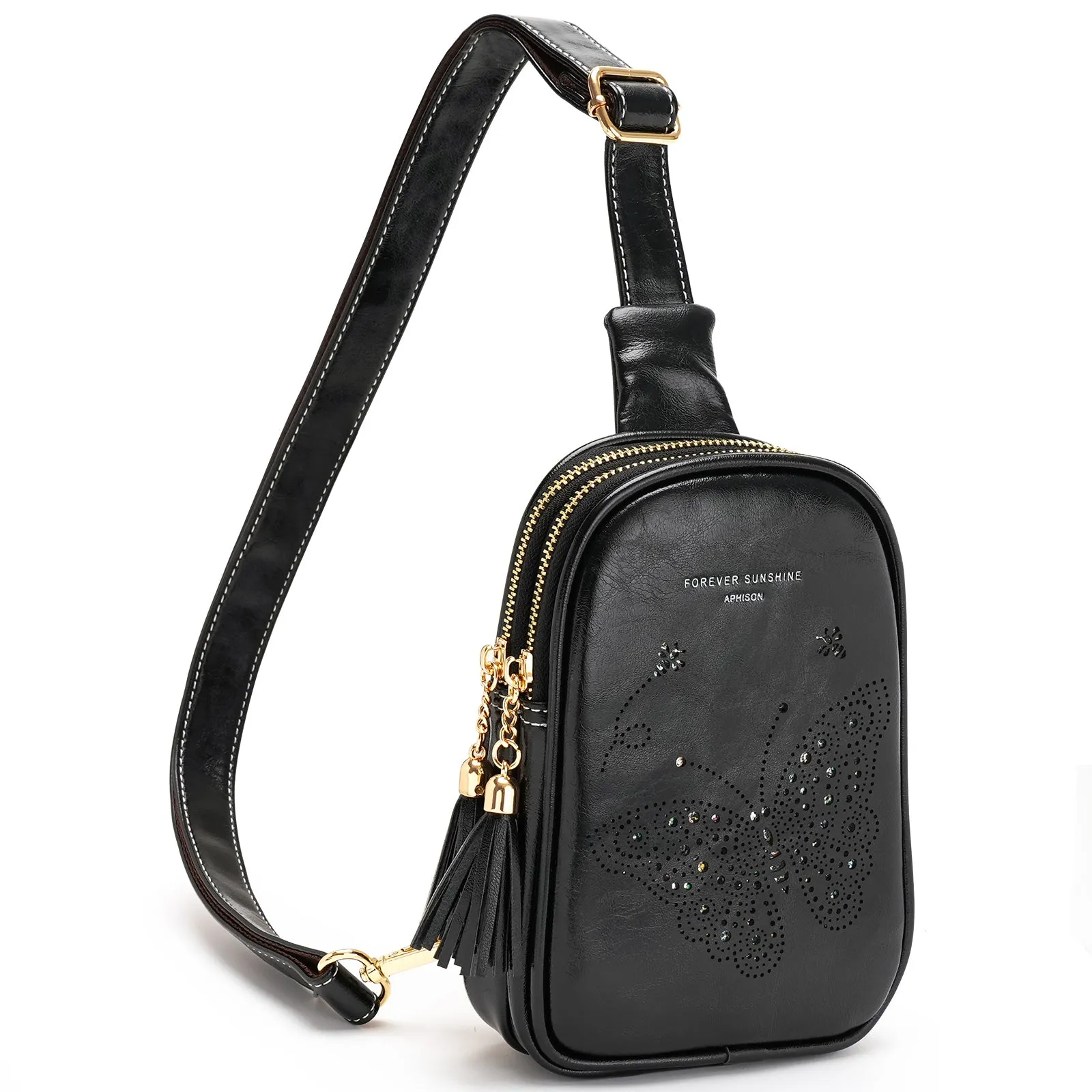 APHISON Butterfly Small Sling Bag Fanny Packs Cell Phone Purse Vegan Leather Crossbody Bags Gifts for Women Men Teen Girls BLACK