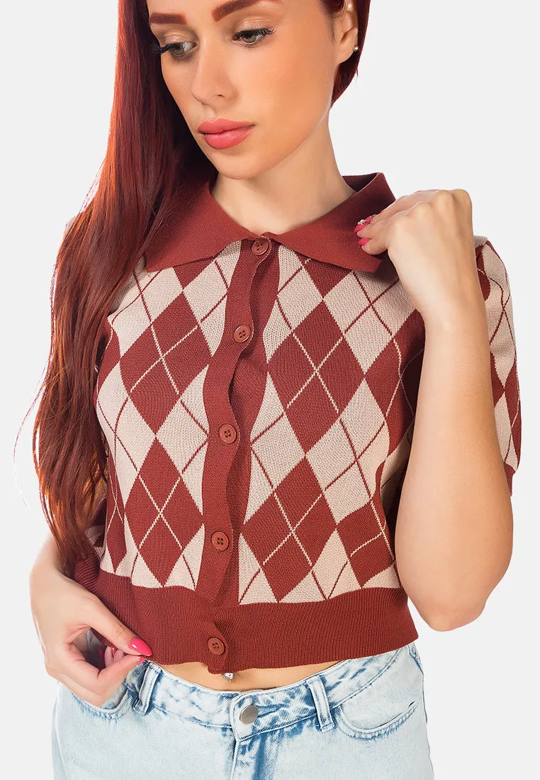 Argyle Checks Half Sleeve Cropped Cardigan