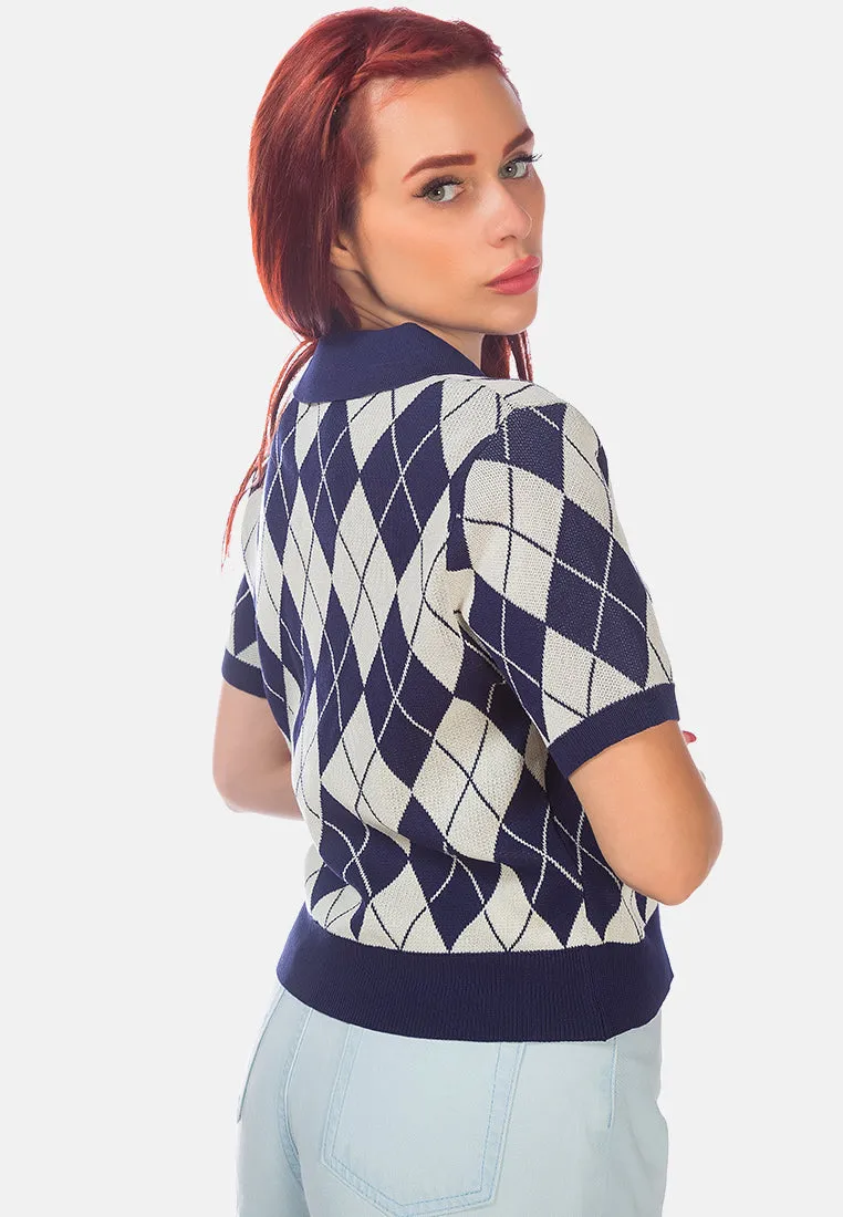 Argyle Checks Half Sleeve Cropped Cardigan