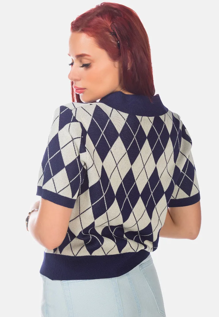 Argyle Checks Half Sleeve Cropped Cardigan