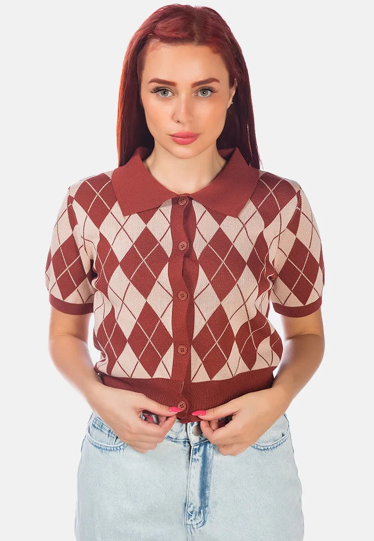 Argyle Checks Half Sleeve Cropped Cardigan