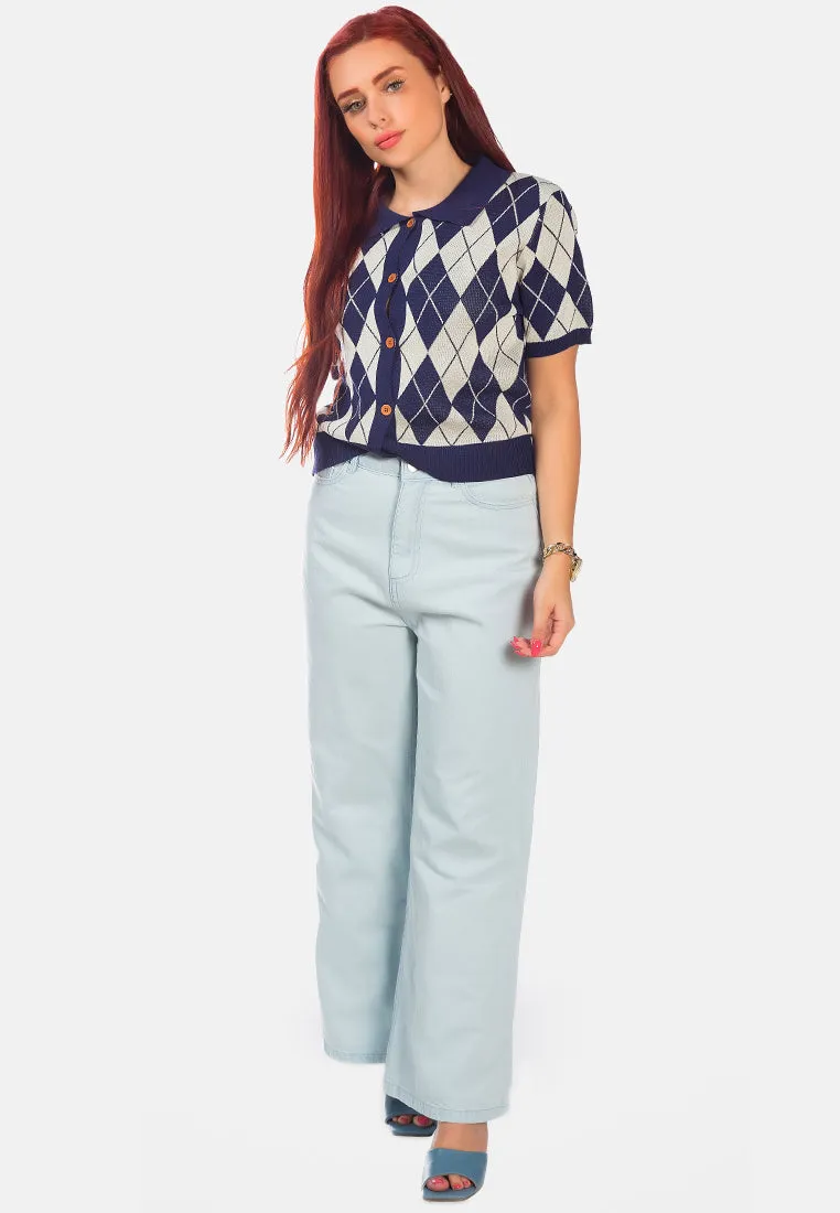 Argyle Checks Half Sleeve Cropped Cardigan