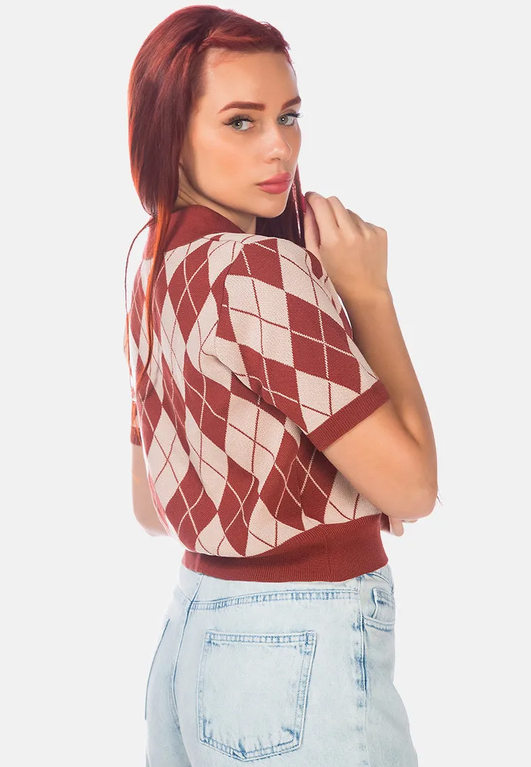 Argyle Checks Half Sleeve Cropped Cardigan