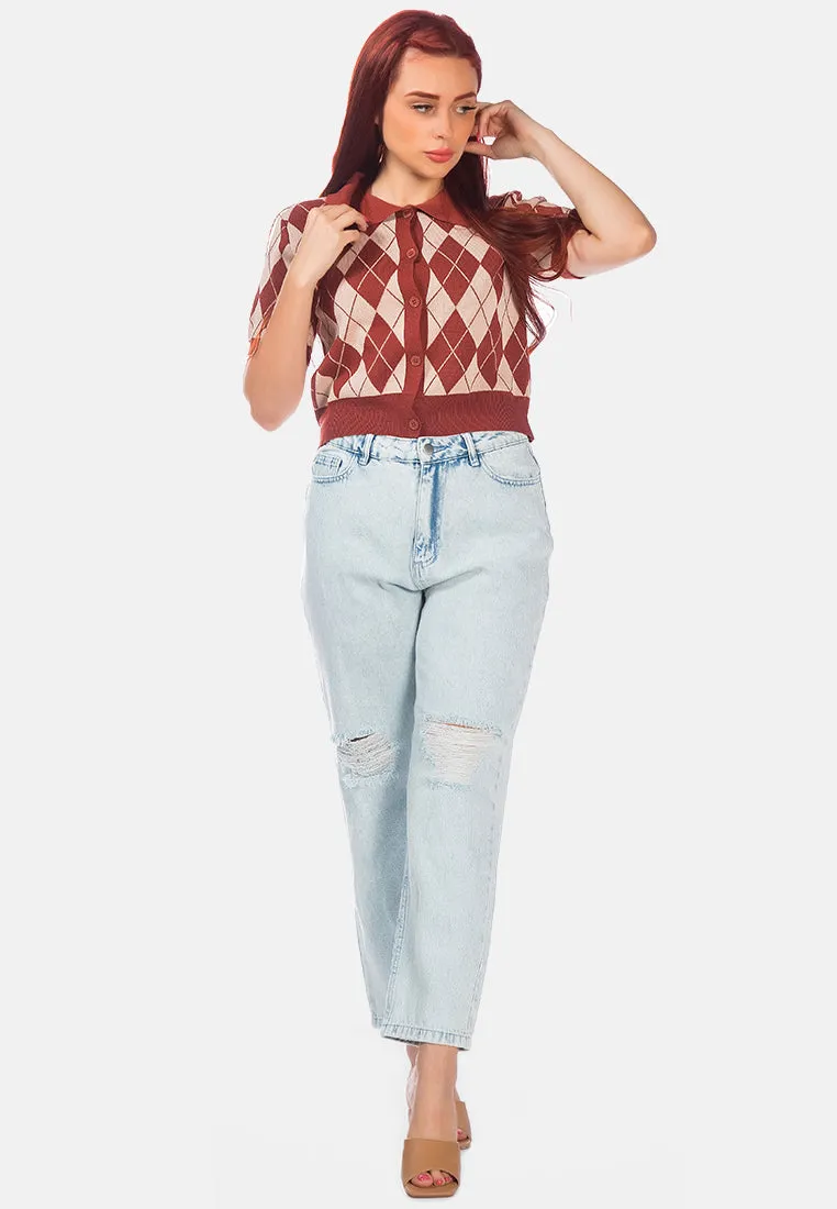 Argyle Checks Half Sleeve Cropped Cardigan