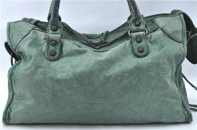 Auth BALENCIAGA Classic The City 2Way Hand Bag Purse Leather 115748 Green J1882