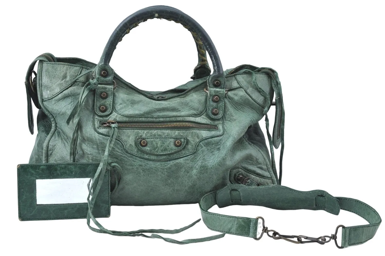 Auth BALENCIAGA Classic The City 2Way Hand Bag Purse Leather 115748 Green J1882