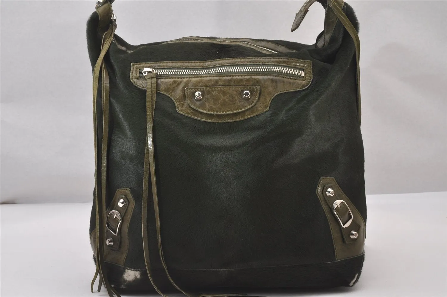 Auth BALENCIAGA Classic The Day Shoulder Bag Unborn Calf Leather Green 3120I