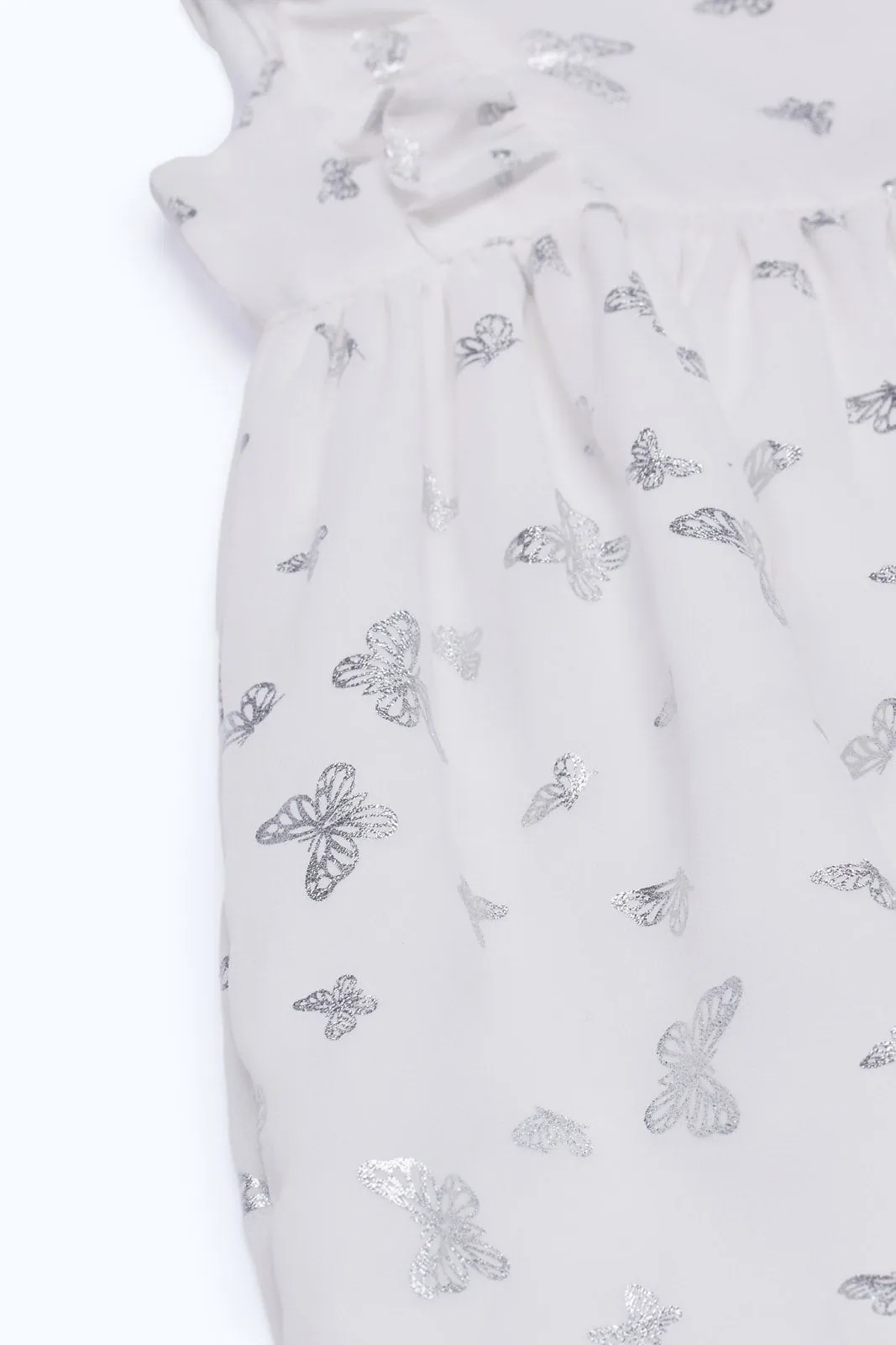 Baby Girls White And Silver Butterfly Printed Dress