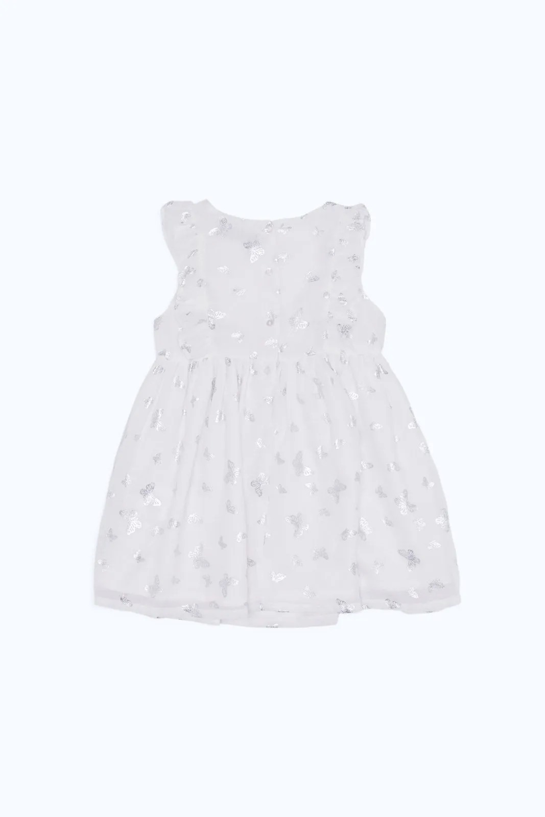 Baby Girls White And Silver Butterfly Printed Dress