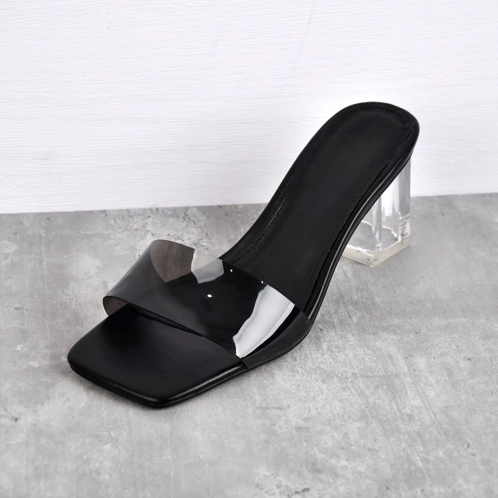 Black White Clear Chunky Low Heel Sandals Mules