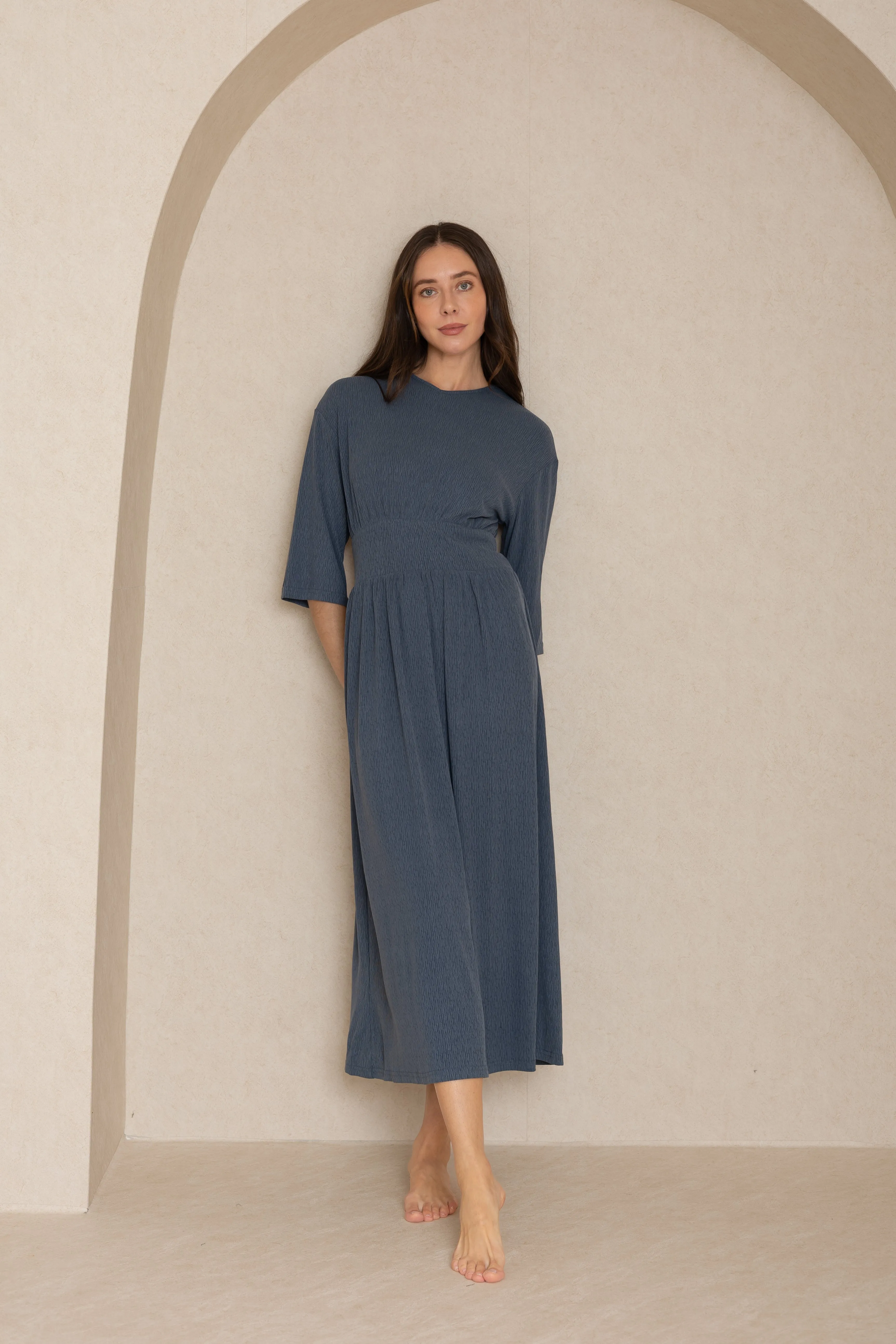 Blue Textured Basic Waist Maxi