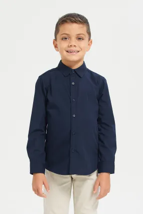 Boys Navy Solid L/S Shirt