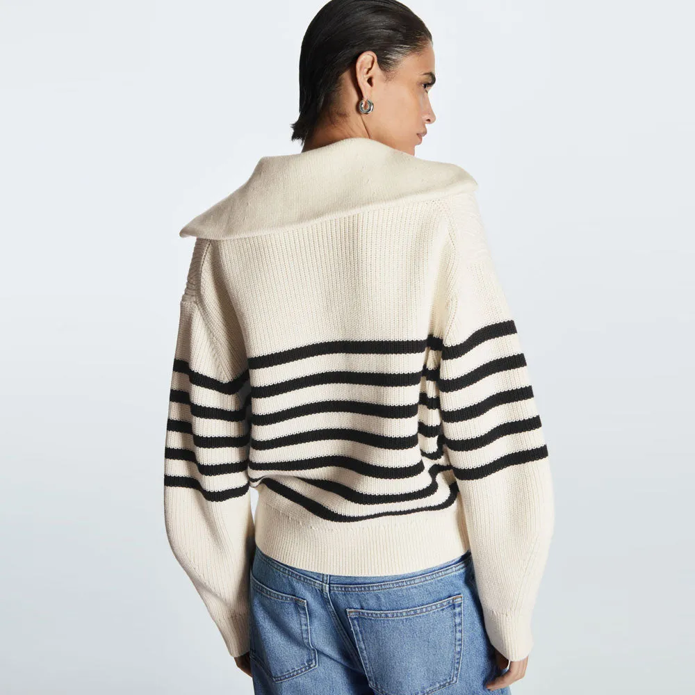 Breton Spread Collar Half Zip Black and Beige Striped Sweater