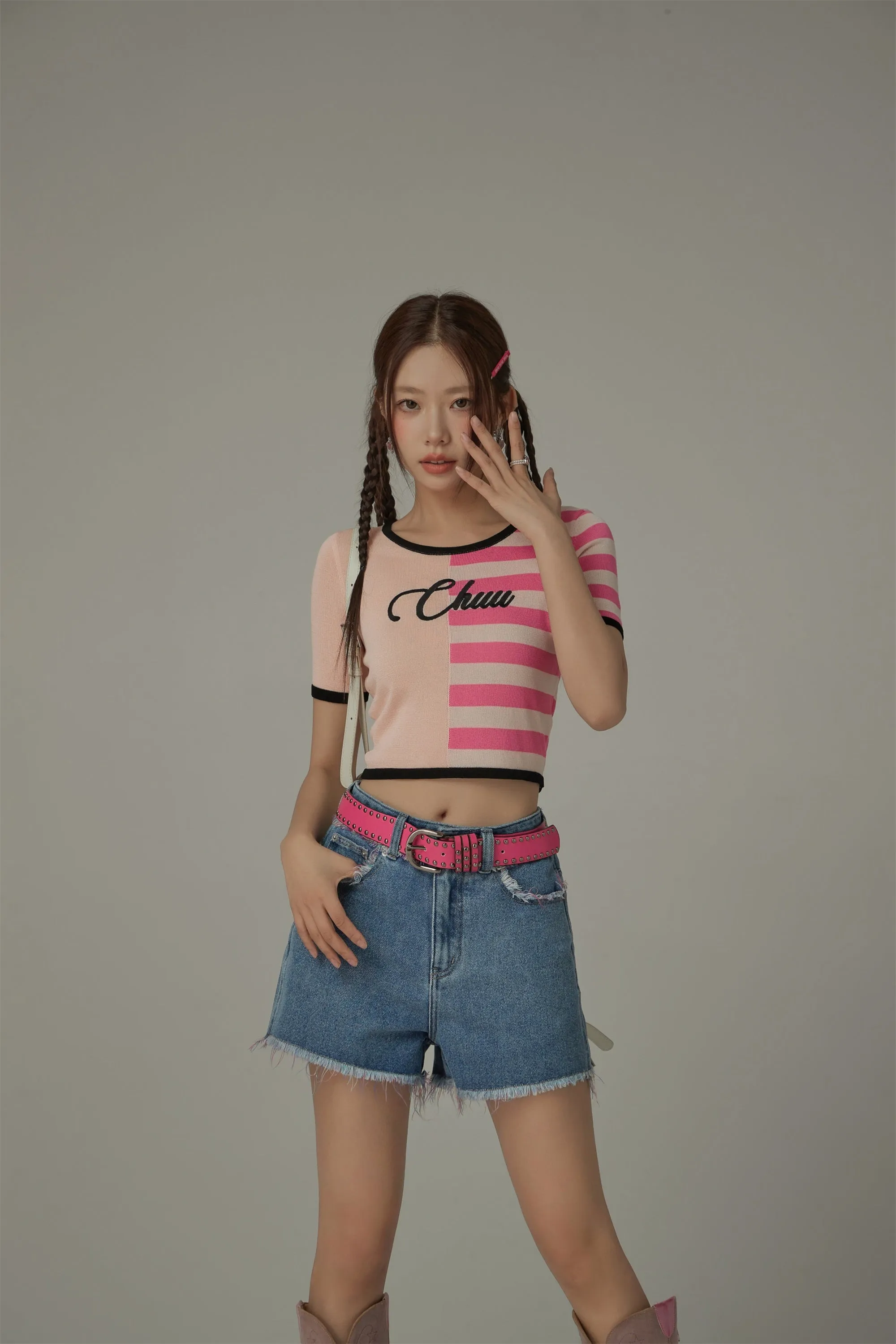 Chuu Lettering Half Striped Colorblocked Knit Crop Top