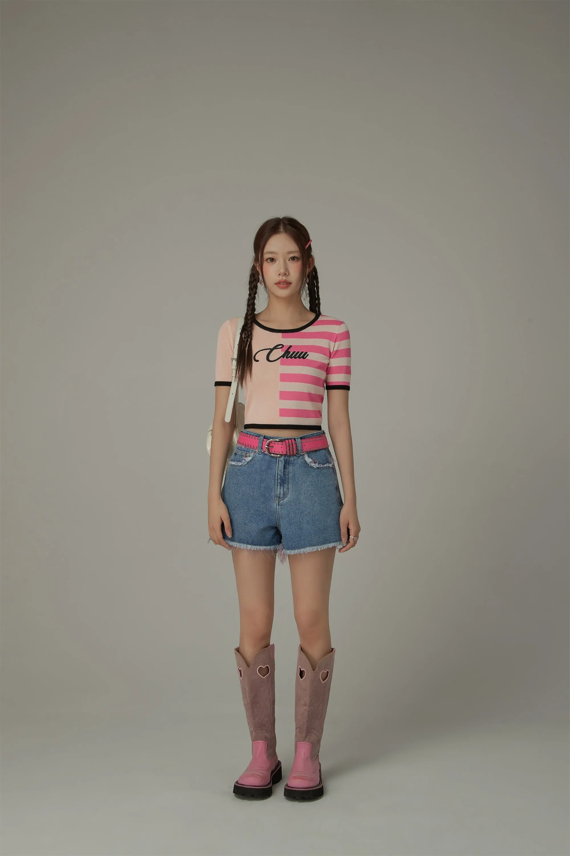 Chuu Lettering Half Striped Colorblocked Knit Crop Top