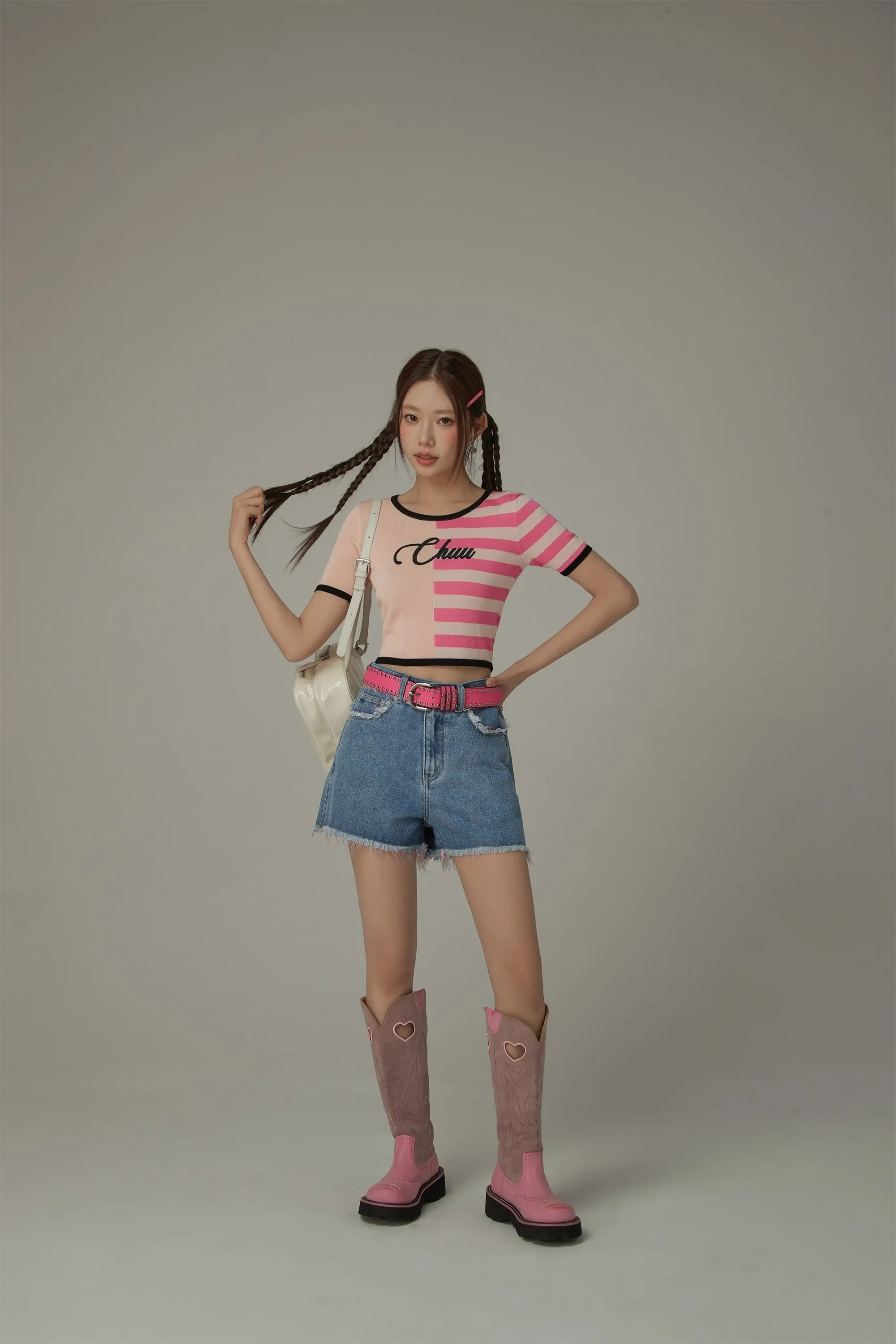 Chuu Lettering Half Striped Colorblocked Knit Crop Top