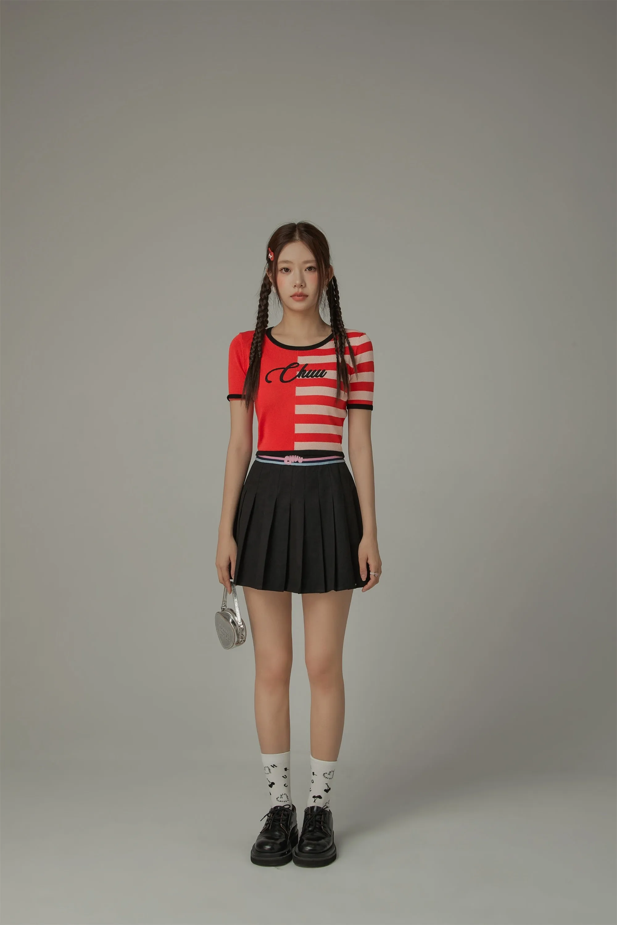 Chuu Lettering Half Striped Colorblocked Knit Crop Top