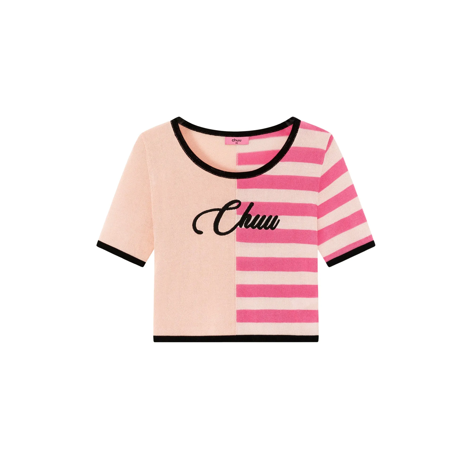 Chuu Lettering Half Striped Colorblocked Knit Crop Top