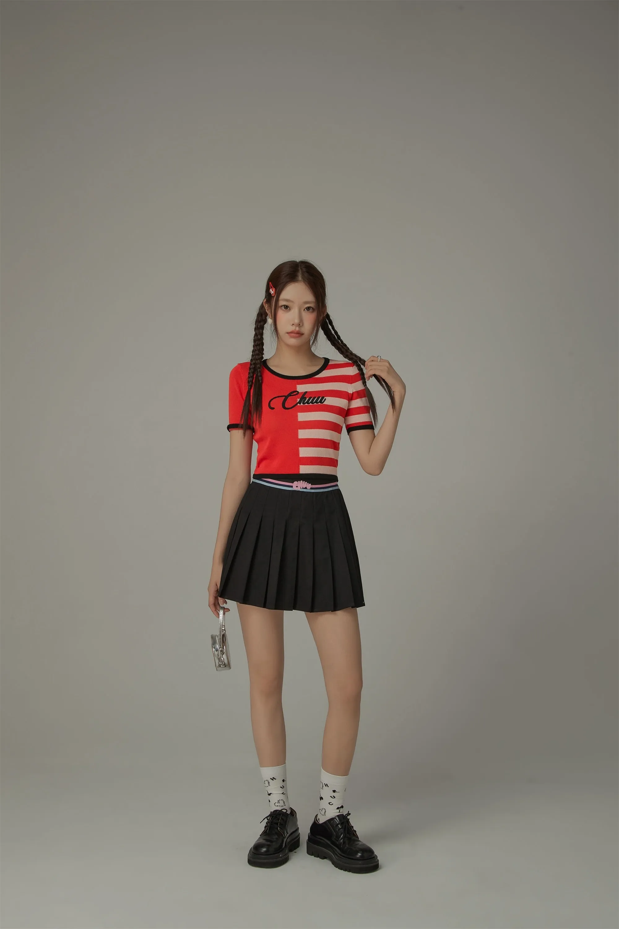 Chuu Lettering Half Striped Colorblocked Knit Crop Top