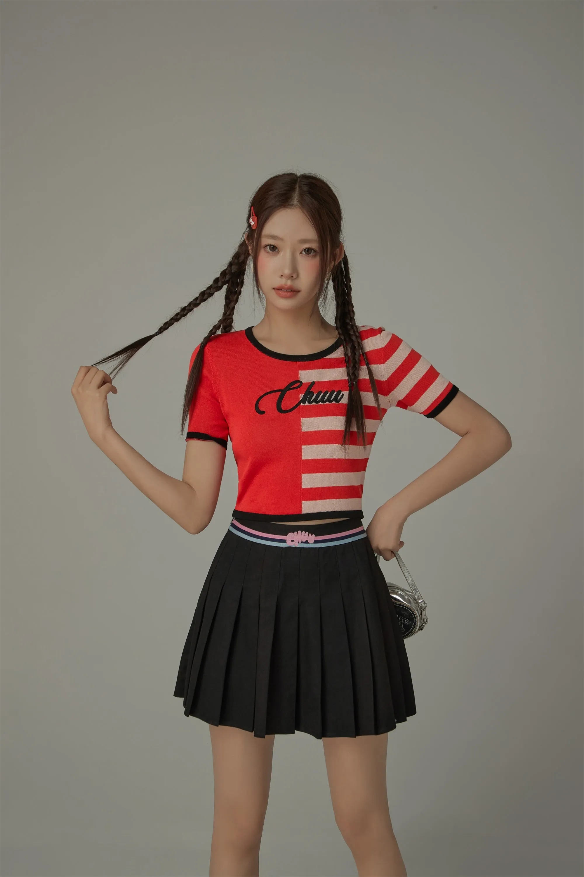 Chuu Lettering Half Striped Colorblocked Knit Crop Top