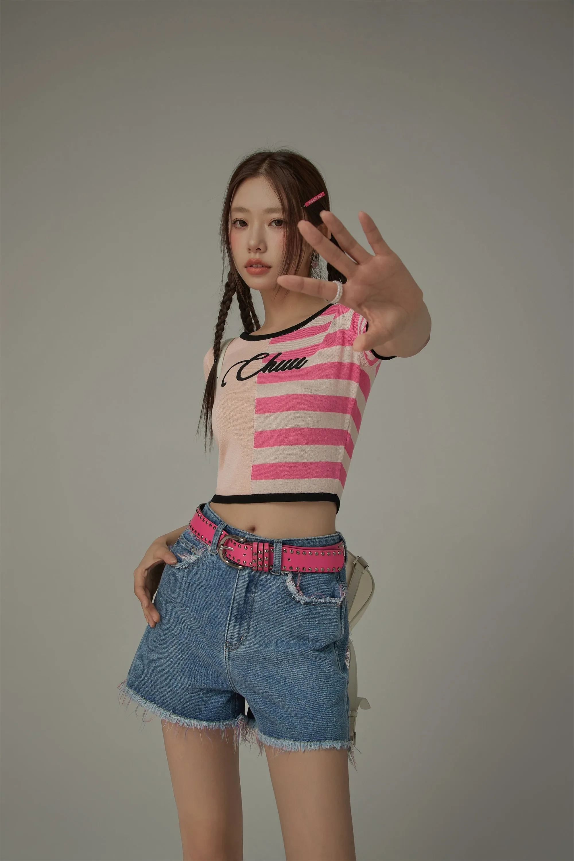 Chuu Lettering Half Striped Colorblocked Knit Crop Top