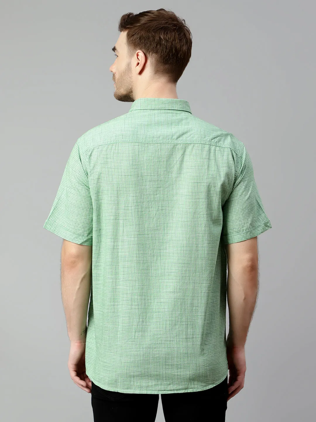 Cotton Checkered Green Half Sleeve Regular Fit Casual Shirt for Men with Pocket