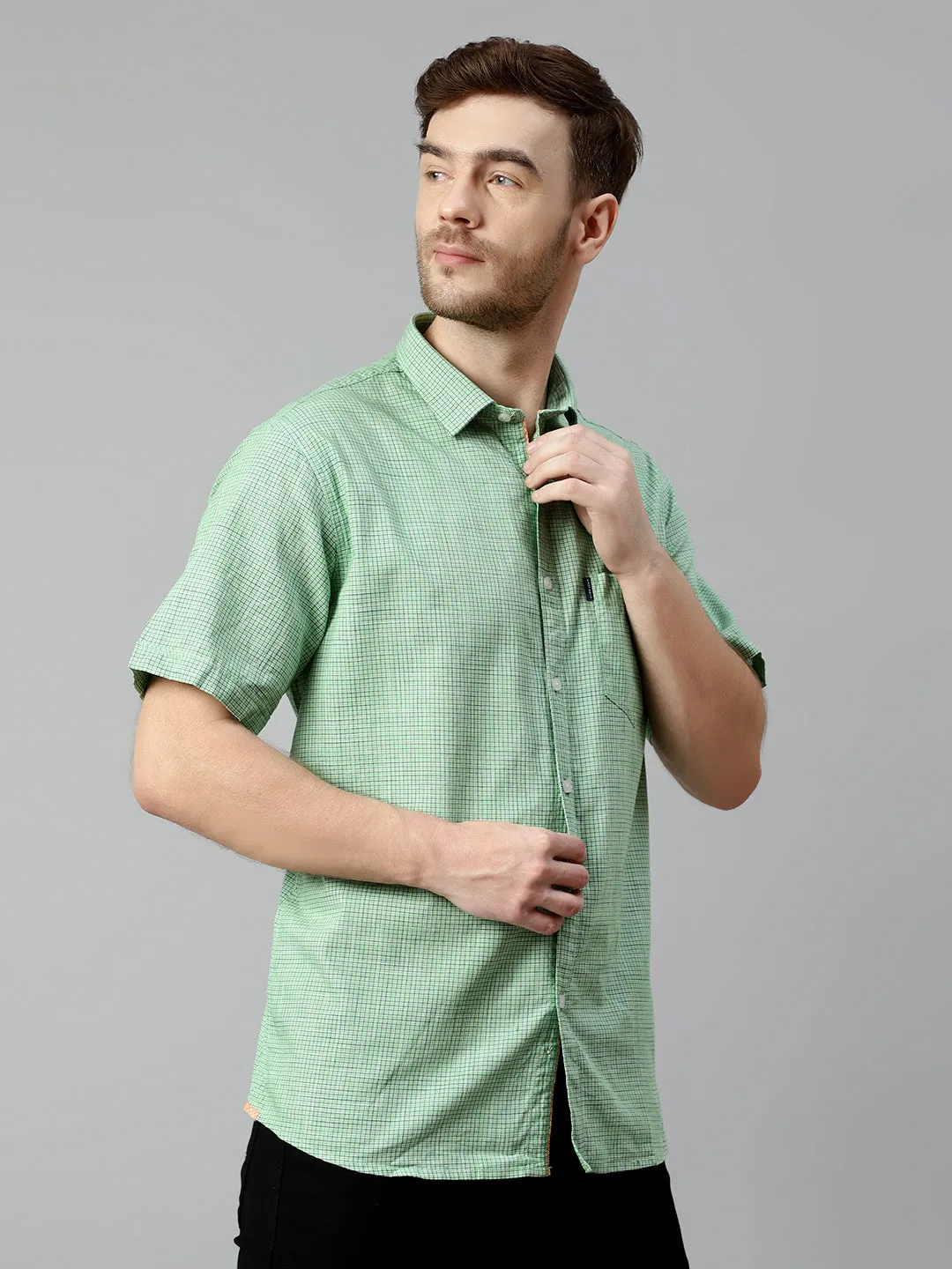 Cotton Checkered Green Half Sleeve Regular Fit Casual Shirt for Men with Pocket