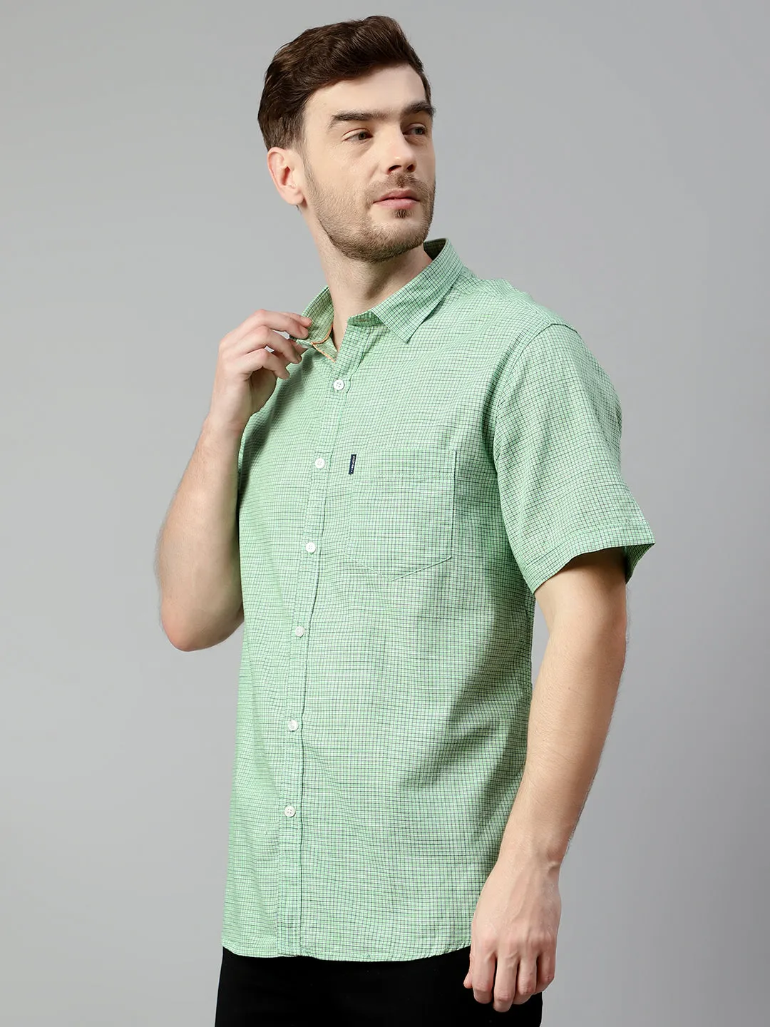 Cotton Checkered Green Half Sleeve Regular Fit Casual Shirt for Men with Pocket