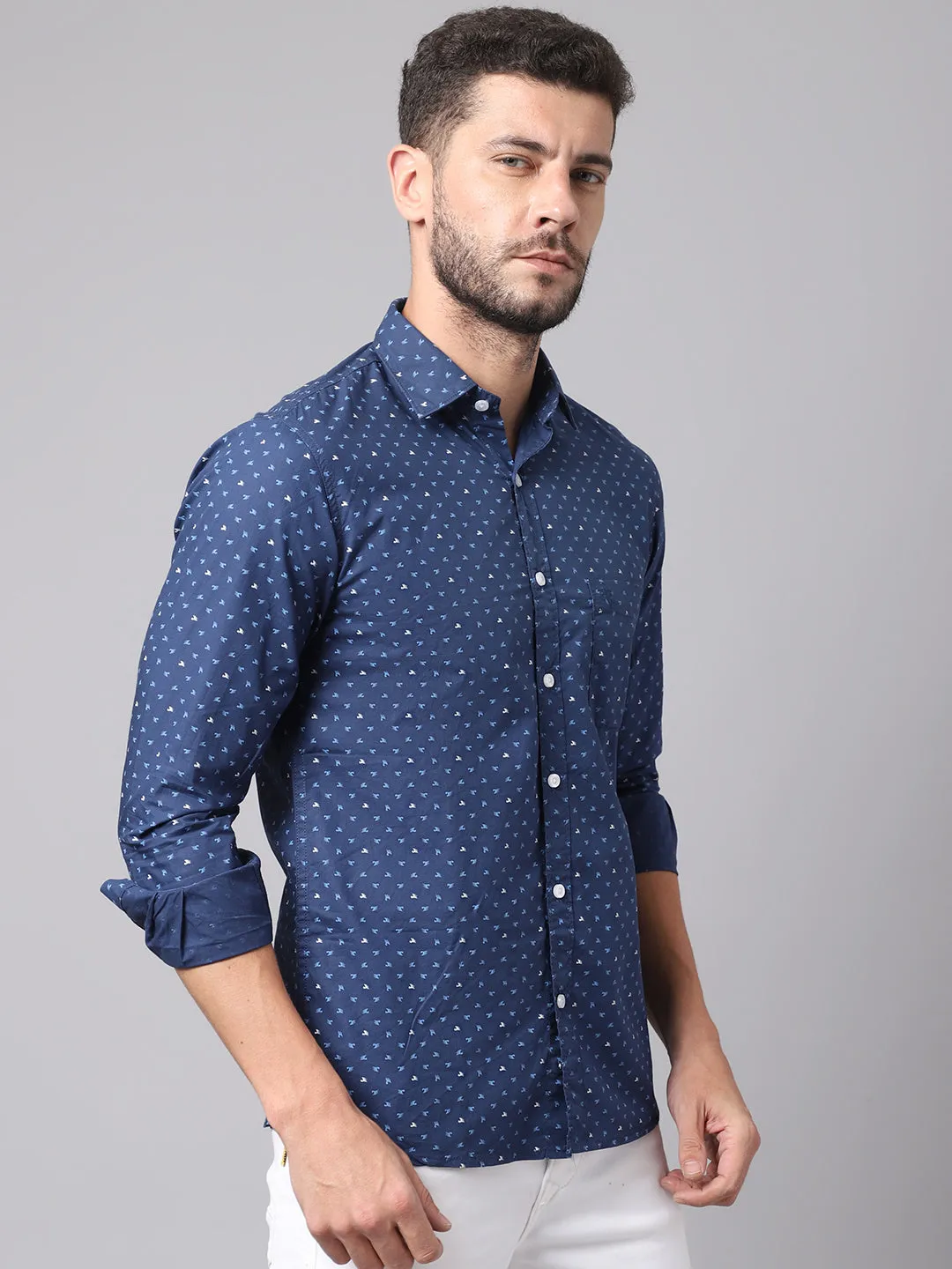 Cotton Printed Blue Full Sleeve Regular Fit Casual Shirt for Men with Pocket