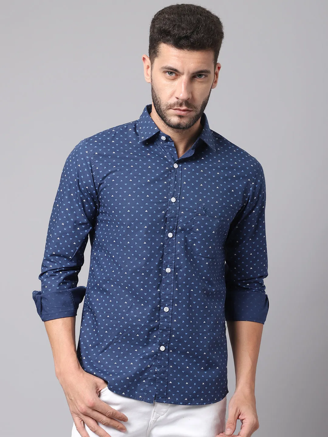 Cotton Printed Blue Full Sleeve Regular Fit Casual Shirt for Men with Pocket