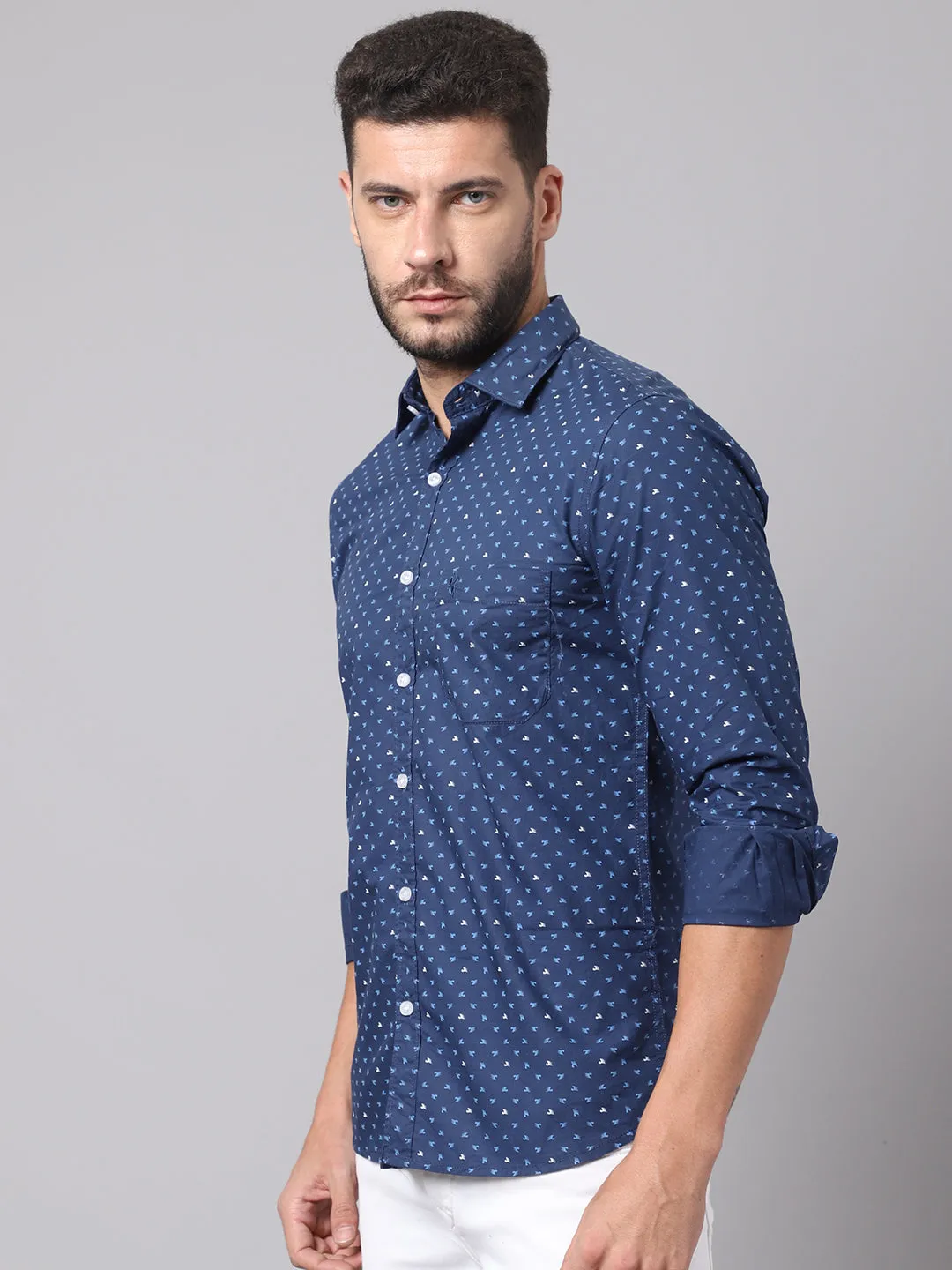 Cotton Printed Blue Full Sleeve Regular Fit Casual Shirt for Men with Pocket