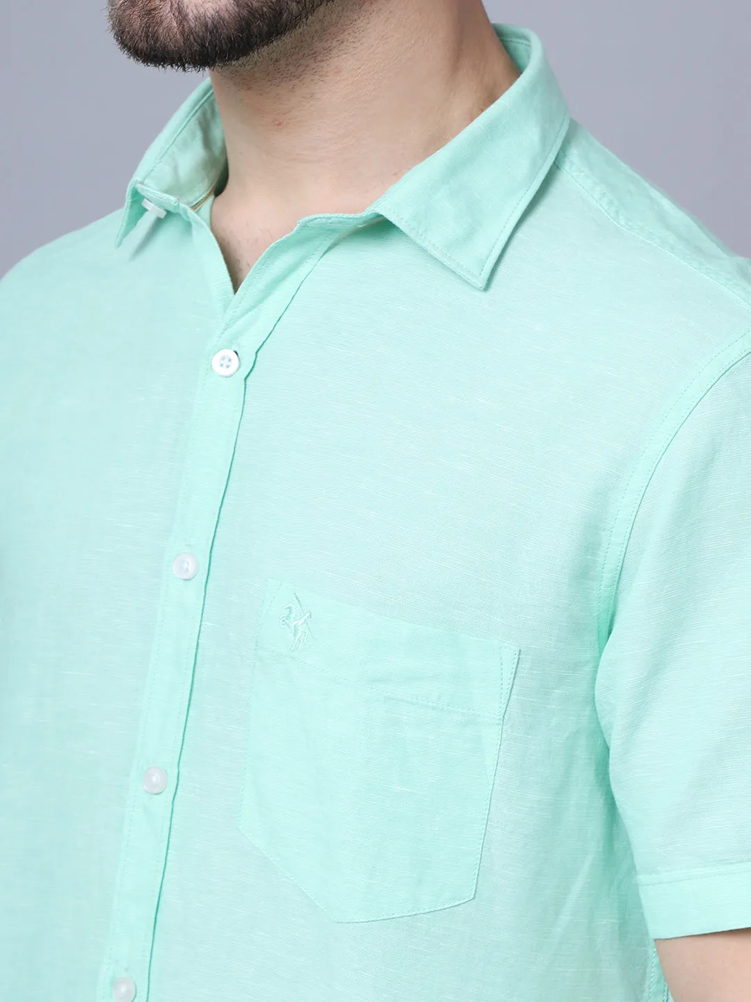 Cotton Solid Mint Green Half Sleeve Regular Fit Casual Shirt for Men with Pocket