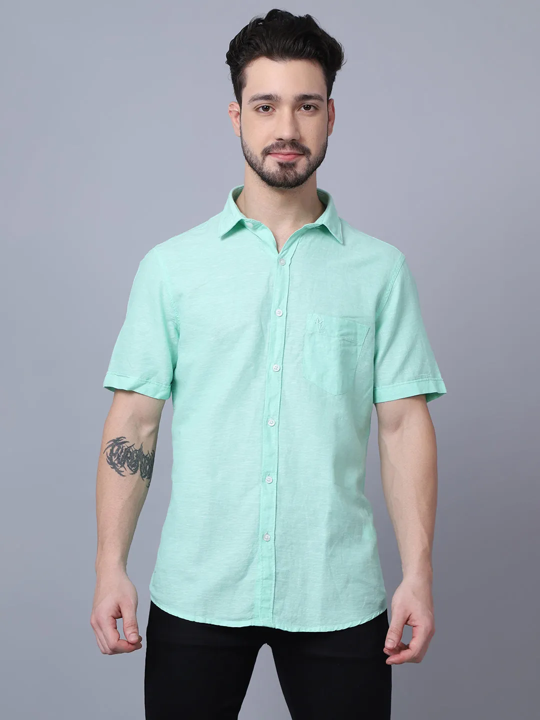 Cotton Solid Mint Green Half Sleeve Regular Fit Casual Shirt for Men with Pocket